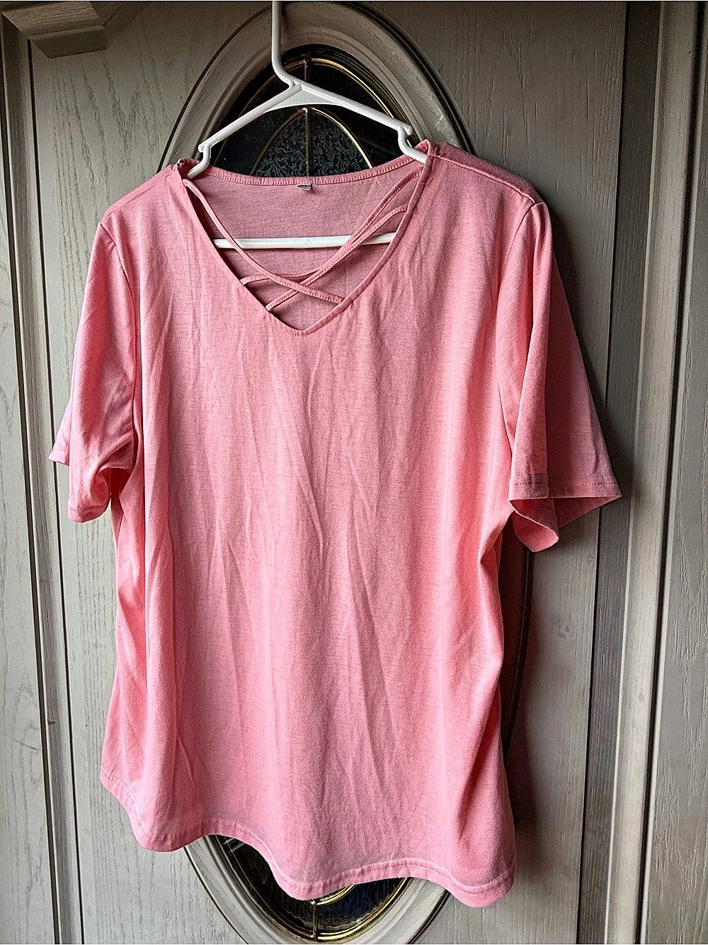 Pink Short Sleeve Crisscross Neck Top